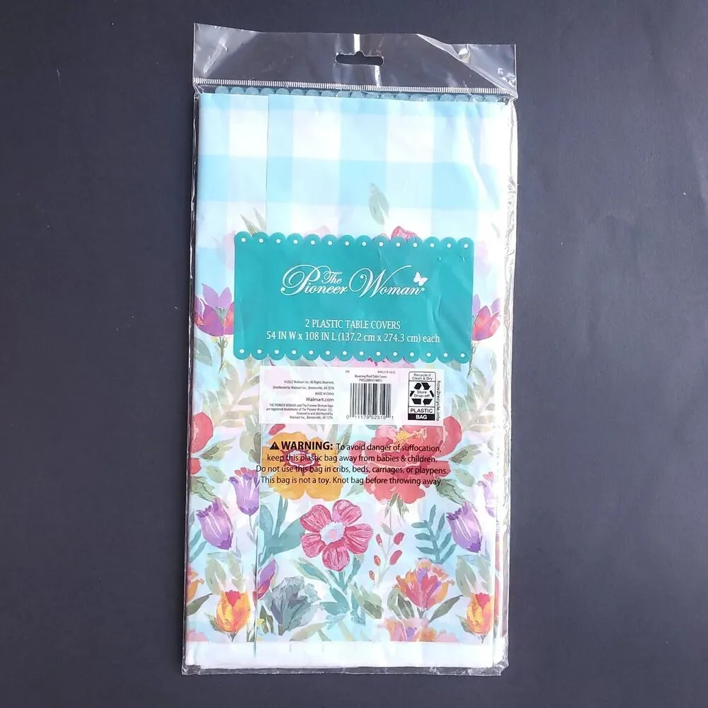 Pioneer Woman Plastic Table Cover 54 x 108 Blooming Plaid Tablecloth 2 in Pack